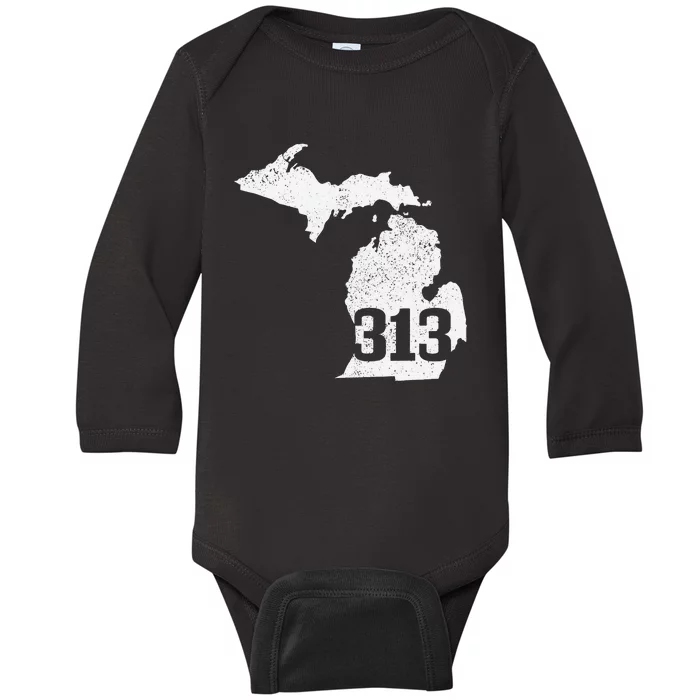 Detroit 313 Area Code Michigan Map State Pride Vintage Baby Long Sleeve Bodysuit