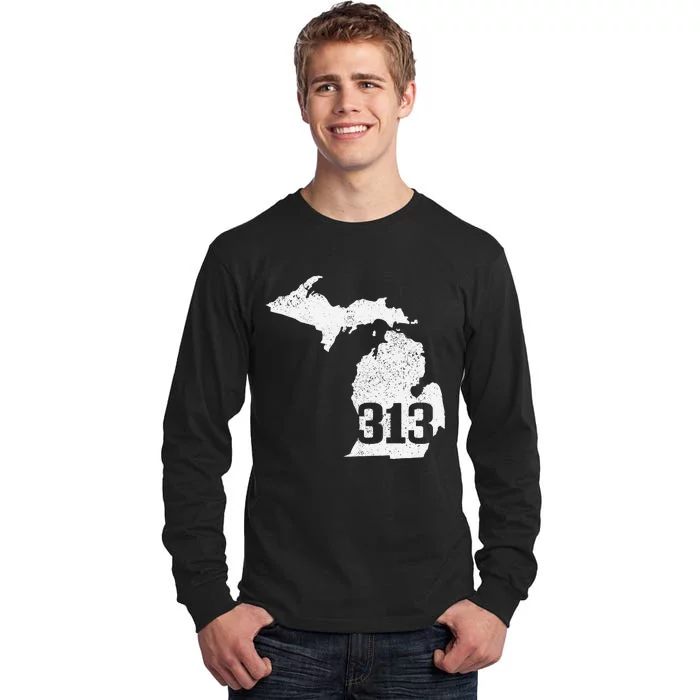 Detroit 313 Area Code Michigan Map State Pride Vintage Tall Long Sleeve T-Shirt