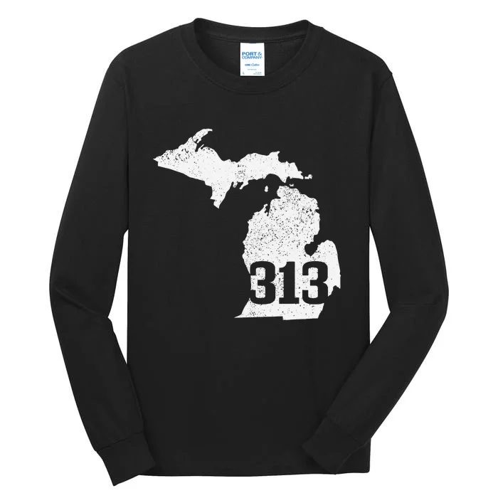 Detroit 313 Area Code Michigan Map State Pride Vintage Tall Long Sleeve T-Shirt