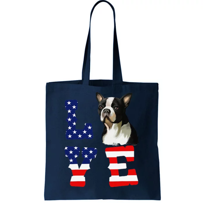 Dogs 365 Boston Terrier Love Dog American Flag USA Funny Tote Bag