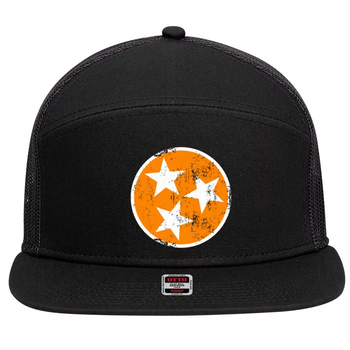 Distressed 3 Star Tn State Orange And White Tennessee Flag 7 Panel Mesh Trucker Snapback Hat