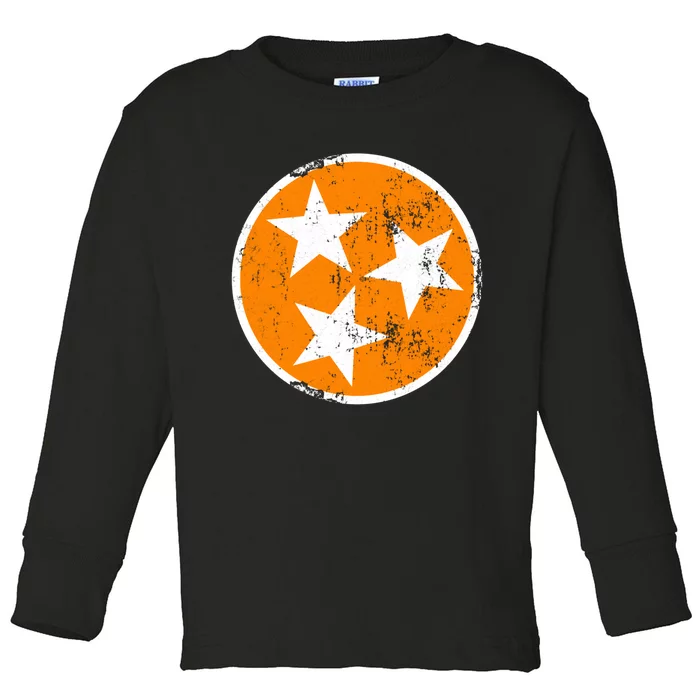 Distressed 3 Star Tn State Orange And White Tennessee Flag Toddler Long Sleeve Shirt