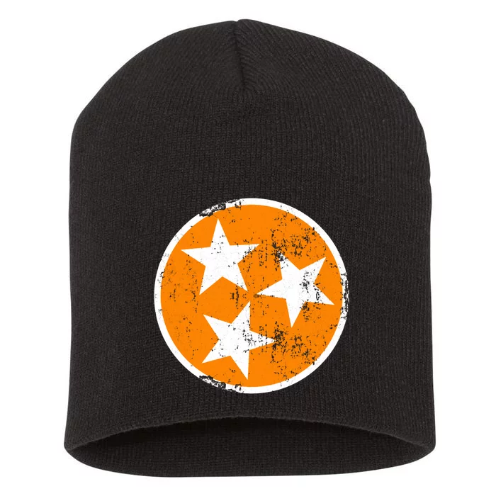 Distressed 3 Star Tn State Orange And White Tennessee Flag Short Acrylic Beanie