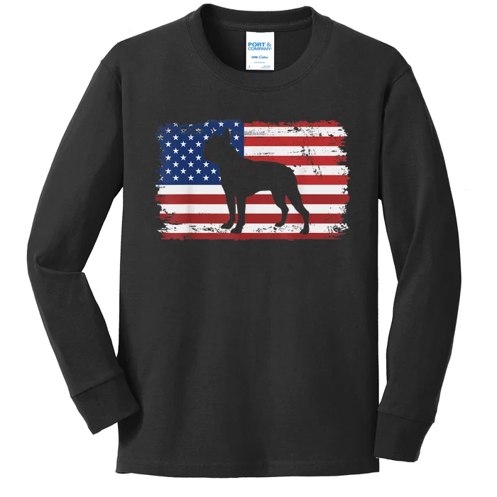 Dogs 365 Vintage Boston Terrier Dog US American Flag Kids Long Sleeve Shirt