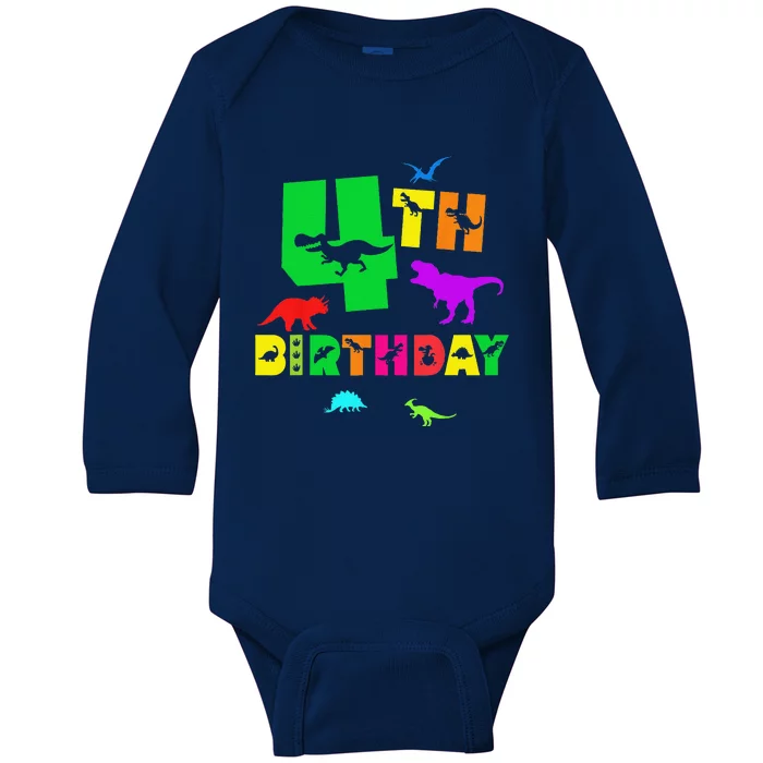 Dinosaur 4th Birthday Dino Im 4 Birthday Baby Long Sleeve Bodysuit