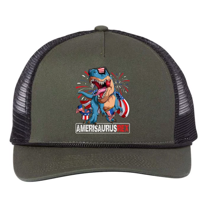 Dinosaur 4th of July Amerisaurus T Rex Funny Retro Rope Trucker Hat Cap