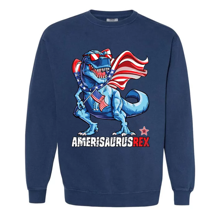 Dinosaur 4th Of July Boy Girl Amerisaurus T Rex Funny Garment-Dyed Sweatshirt