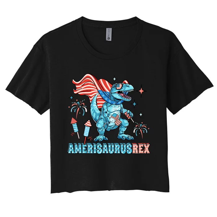 Dinosaur 4th Of July Dinosaur Amerisaurus T Rex Funny Women's Crop Top Tee