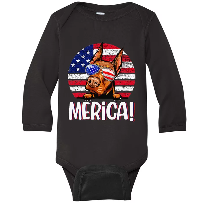 Doberman 4th Of July American Flag Dog Baby Long Sleeve Bodysuit