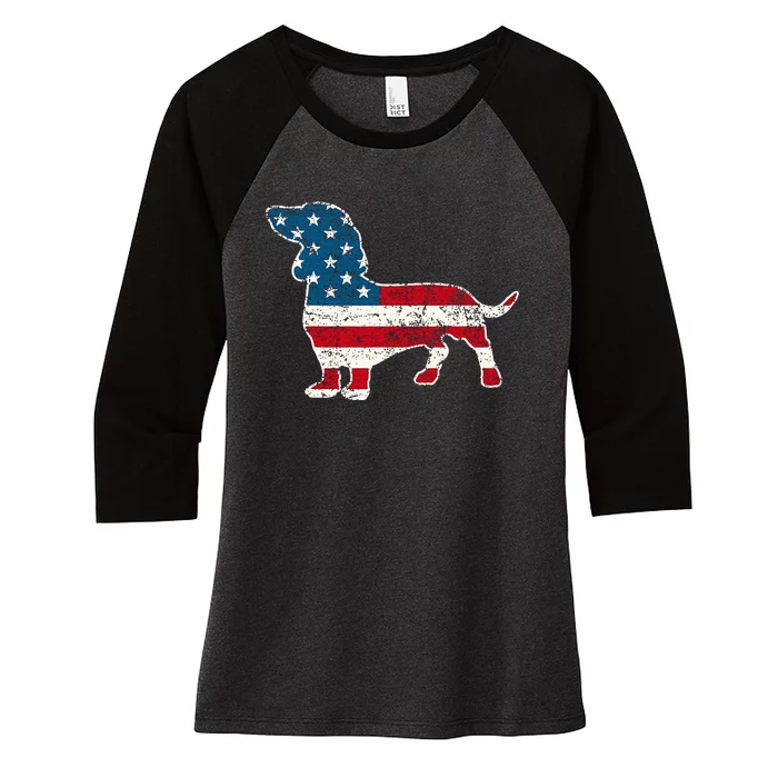 Dachshund 4th Of July American Flag Dog Lovers Women's Tri-Blend 3/4-Sleeve Raglan Shirt