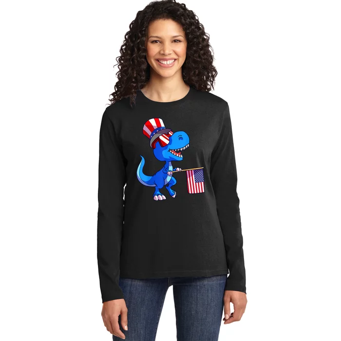 Dinosaur 4th Of July USA Flag Dino Boy July 4 Ladies Long Sleeve Shirt