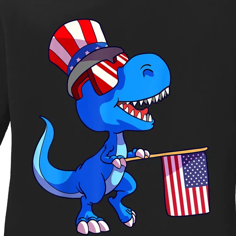 Dinosaur 4th Of July USA Flag Dino Boy July 4 Ladies Long Sleeve Shirt