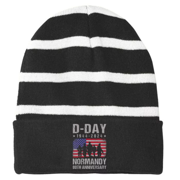 Dday 80th Anniversary 19442024 Normandy Us Flag D Day Striped Beanie with Solid Band