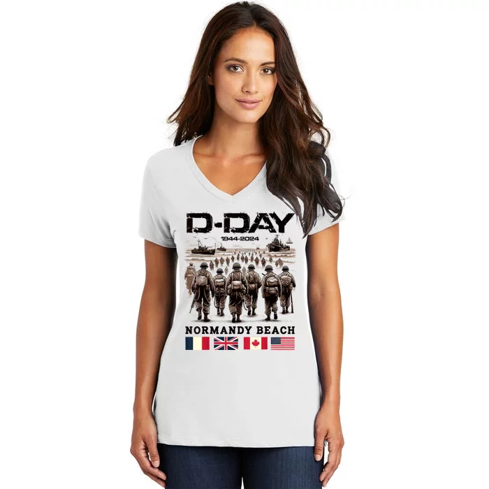 Dday 80th Anniversary Normandy Beach Landing History 1944 Women's V-Neck T-Shirt