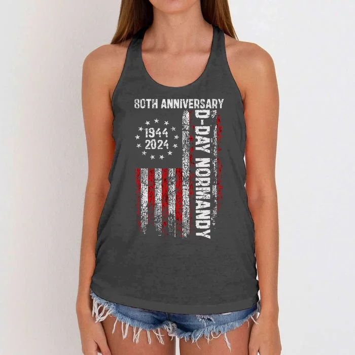 Dday 80th Anniversary American Flag 1944 Normandy Women's Knotted Racerback Tank