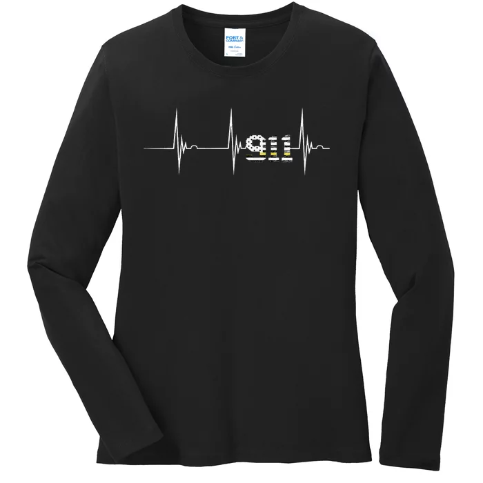 Dispatcher 911 Vintage USA Flag Heartbeat EKG Pulse Dispatch Ladies Long Sleeve Shirt