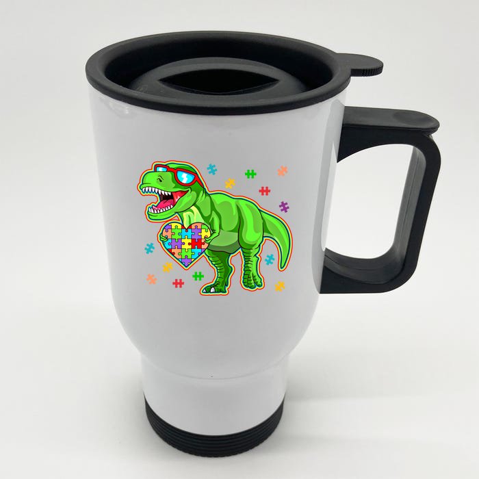 Dinosaur Autism Awareness Puzzle Piece Great Gift Front & Back Stainless Steel Travel Mug