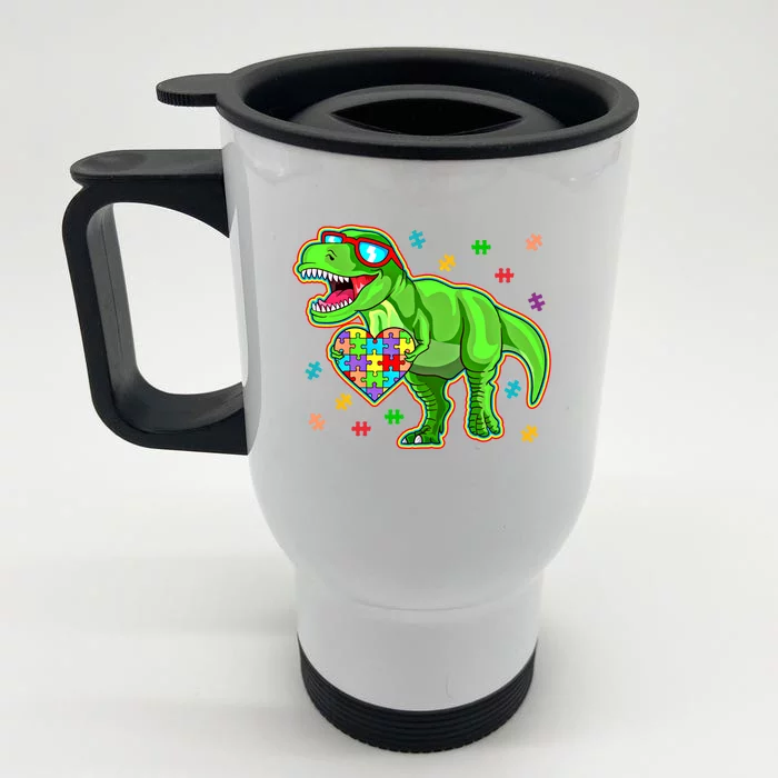 Dinosaur Autism Awareness Puzzle Piece Great Gift Front & Back Stainless Steel Travel Mug