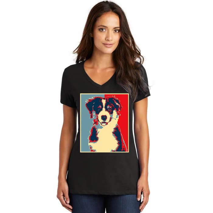 Dog Artwork Aussie Vintage Silhouette Australian Shepherd Women's V-Neck T-Shirt