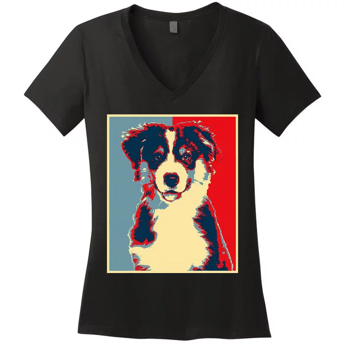 Dog Artwork Aussie Vintage Silhouette Australian Shepherd Women's V-Neck T-Shirt