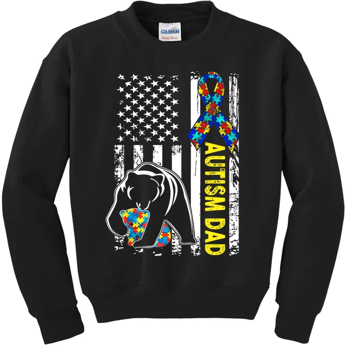 Dad Autism Awareness American Flag For Daddy Autism Awareness Dad Bear Kids Sweatshirt