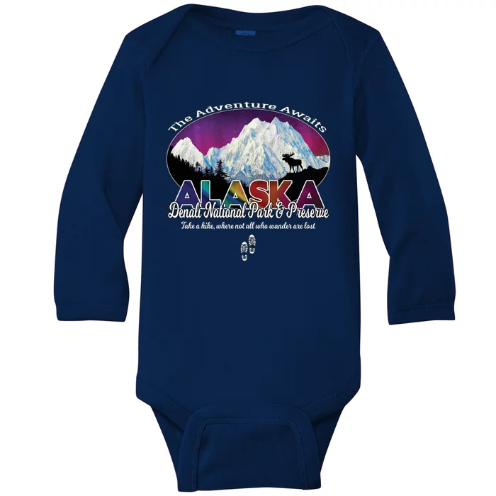 Denali Alaska Aurora Borealis National Park Hiker Souvenir Cute Gift Baby Long Sleeve Bodysuit