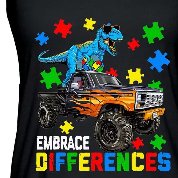 Dinosaur Autism Awareness With Monster Truck Ladies Essential Flowy Tank