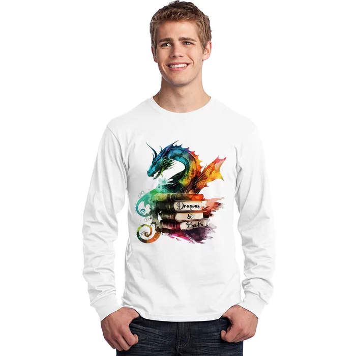 Dragons And Books Watercolor Fantasy Dragon Lover Theme Long Sleeve Shirt