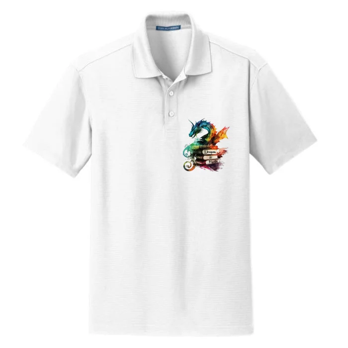 Dragons And Books Watercolor Fantasy Dragon Lover Theme Dry Zone Grid Performance Polo