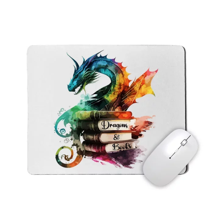 Dragons And Books Watercolor Fantasy Dragon Lover Theme Mousepad