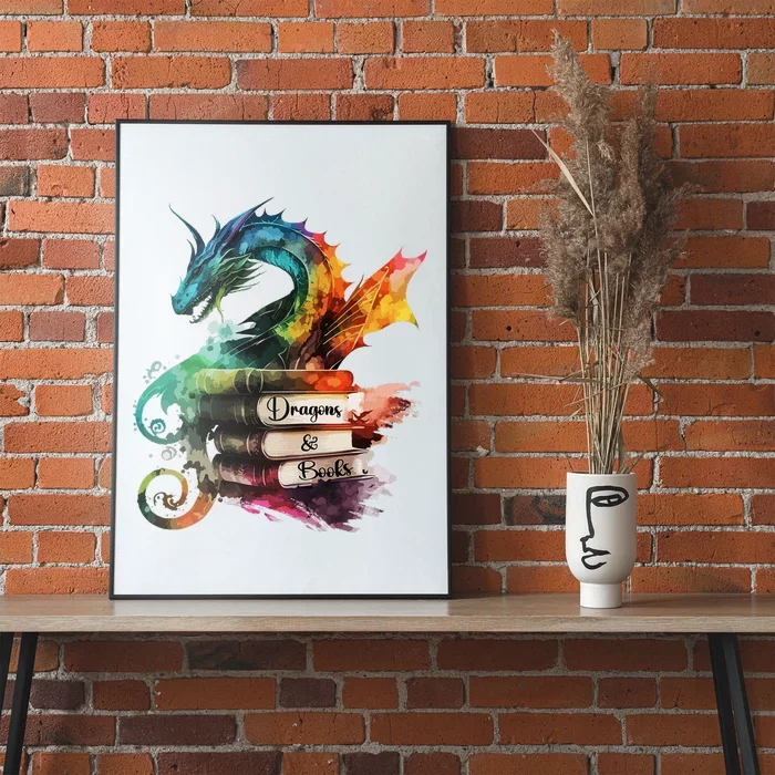 Dragons And Books Watercolor Fantasy Dragon Lover Theme Poster