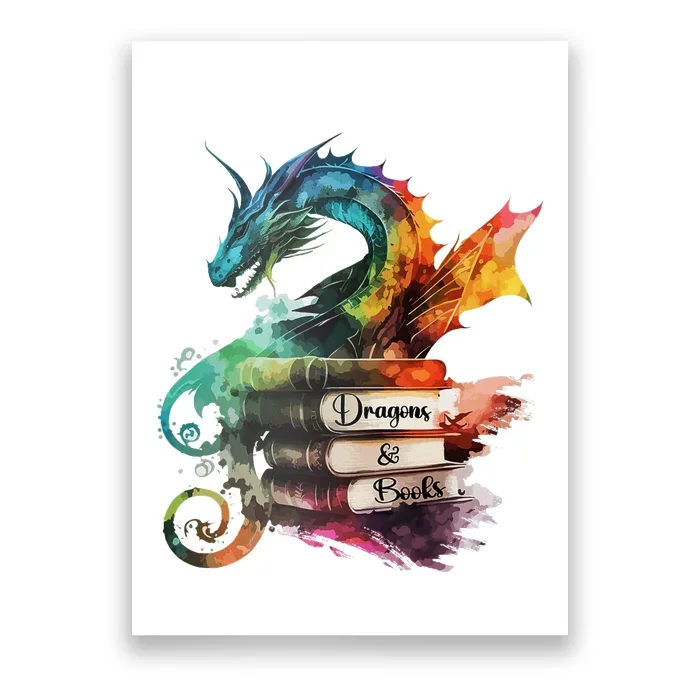 Dragons And Books Watercolor Fantasy Dragon Lover Theme Poster