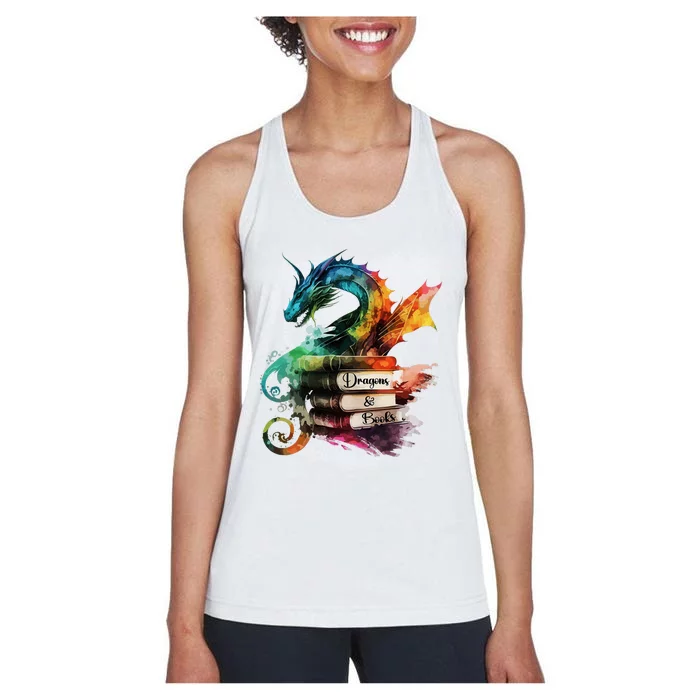 Dragons And Books Watercolor Fantasy Dragon Lover Theme Women's Racerback Tank