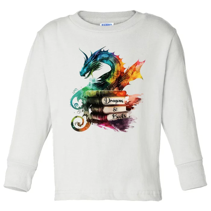 Dragons And Books Watercolor Fantasy Dragon Lover Theme Toddler Long Sleeve Shirt