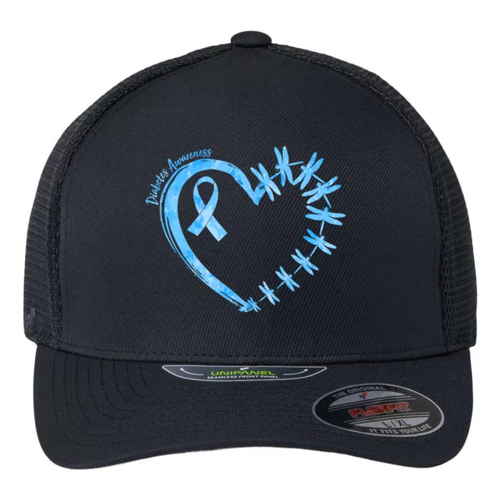 Diabetes Awareness Blue Dragonfly Ribbon Heart Flexfit Unipanel Trucker Cap