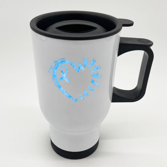 Diabetes Awareness Blue Dragonfly Ribbon Heart Front & Back Stainless Steel Travel Mug