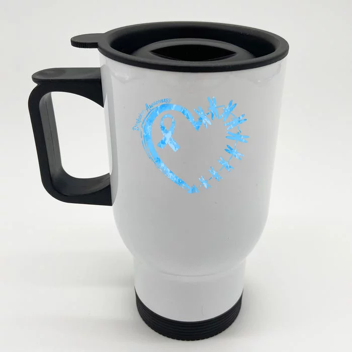 Diabetes Awareness Blue Dragonfly Ribbon Heart Front & Back Stainless Steel Travel Mug