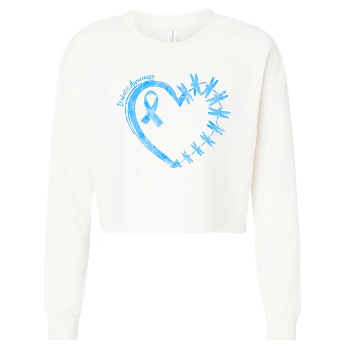 Diabetes Awareness Blue Dragonfly Ribbon Heart Cropped Pullover Crew