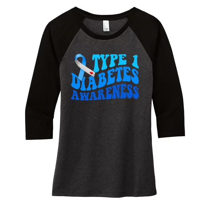 Diabetes Awareness Blue Ribbon T1D Warrior Women's Tri-Blend 3/4-Sleeve Raglan Shirt