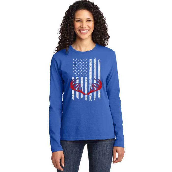 Deer Antler Bow Hunt 2020 Tee Whitetail Hunter American Flag Meaningful Gift Ladies Long Sleeve Shirt