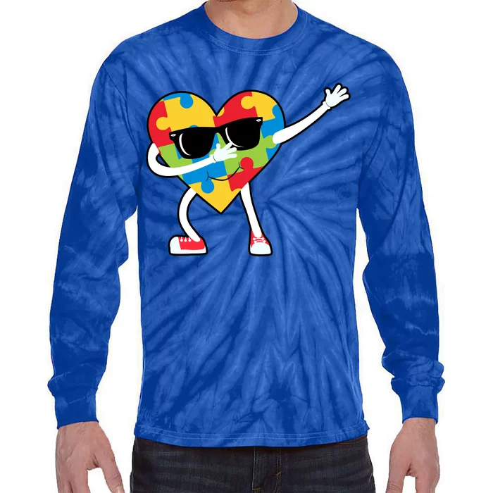 Dabbing Autism Awareness Puzzle Piece Heart Tie-Dye Long Sleeve Shirt