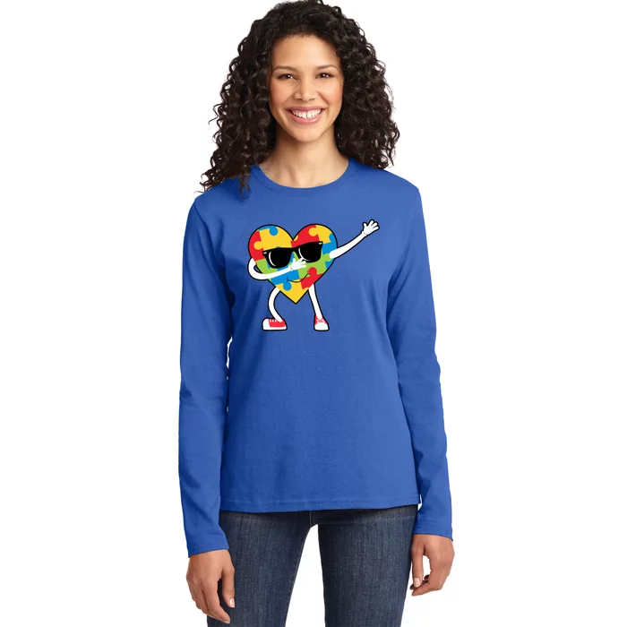 Dabbing Autism Awareness Puzzle Piece Heart Ladies Long Sleeve Shirt