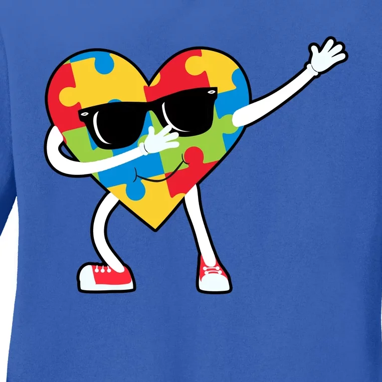 Dabbing Autism Awareness Puzzle Piece Heart Ladies Long Sleeve Shirt