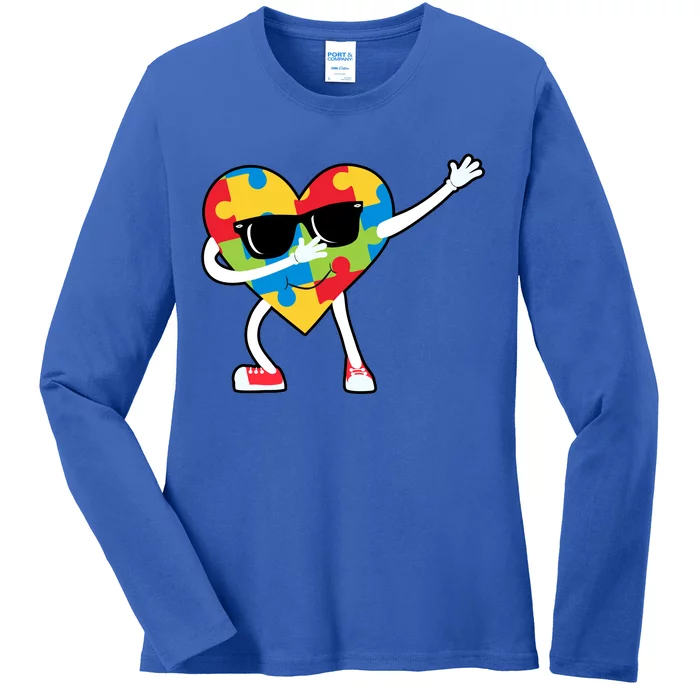 Dabbing Autism Awareness Puzzle Piece Heart Ladies Long Sleeve Shirt