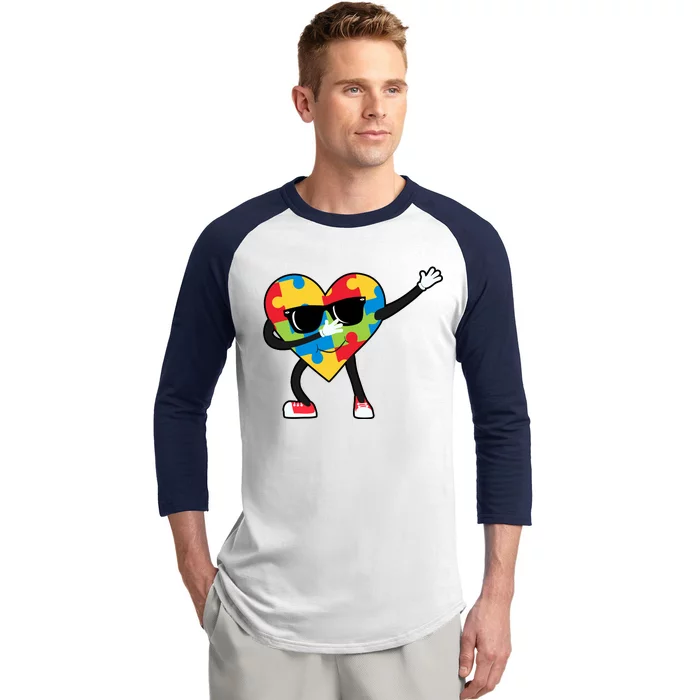 Dabbing Autism Awareness Puzzle Piece Heart Baseball Sleeve Shirt