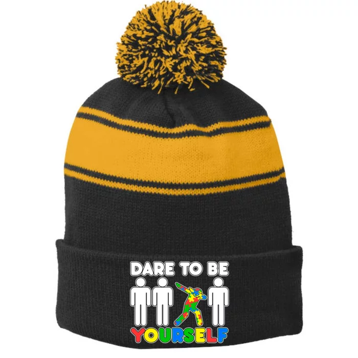 Dabbing Dare to be Yourself Autism Awareness Stripe Pom Pom Beanie