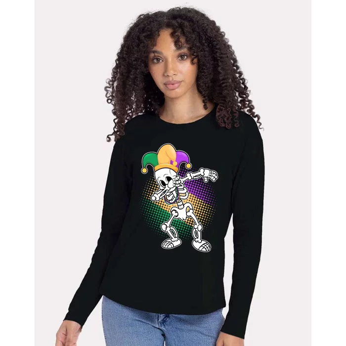 Dabbing Mardi Gras Skeleton Womens Cotton Relaxed Long Sleeve T-Shirt