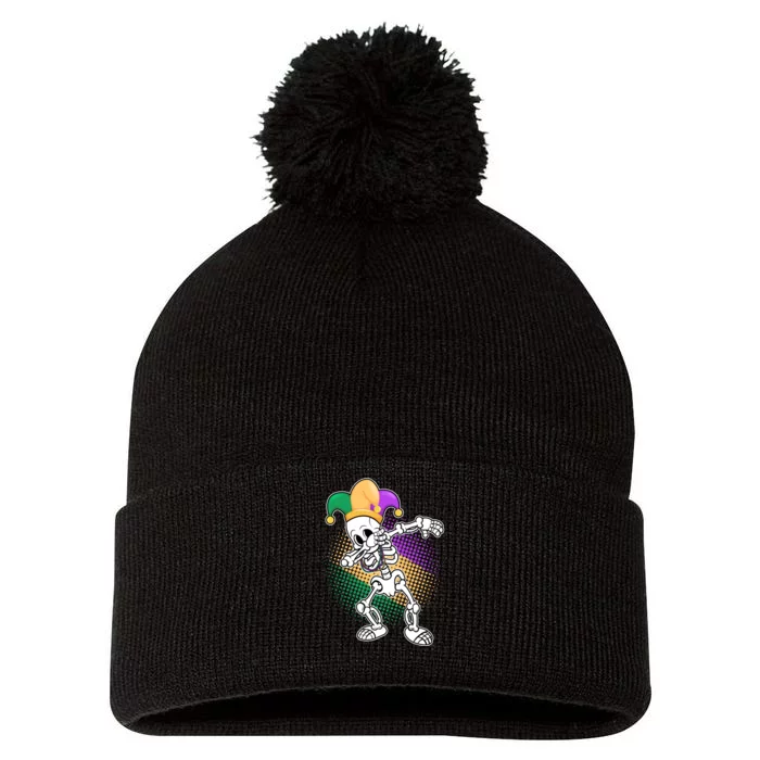 Dabbing Mardi Gras Skeleton Pom Pom 12in Knit Beanie