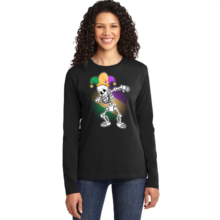 Dabbing Mardi Gras Skeleton Ladies Long Sleeve Shirt