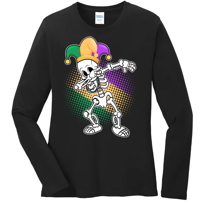 Dabbing Mardi Gras Skeleton Ladies Long Sleeve Shirt